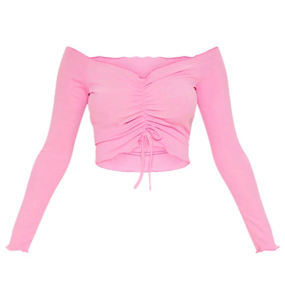PrettyLittleThing Tops - Barbie Pink Cropped Off The Shoulder Long Sleeve Shirt